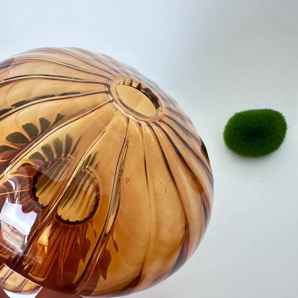 Vintage Amber Glass Mushroom Vase Ribbed Toadstool MCM Cottagecore Decor 5 inch